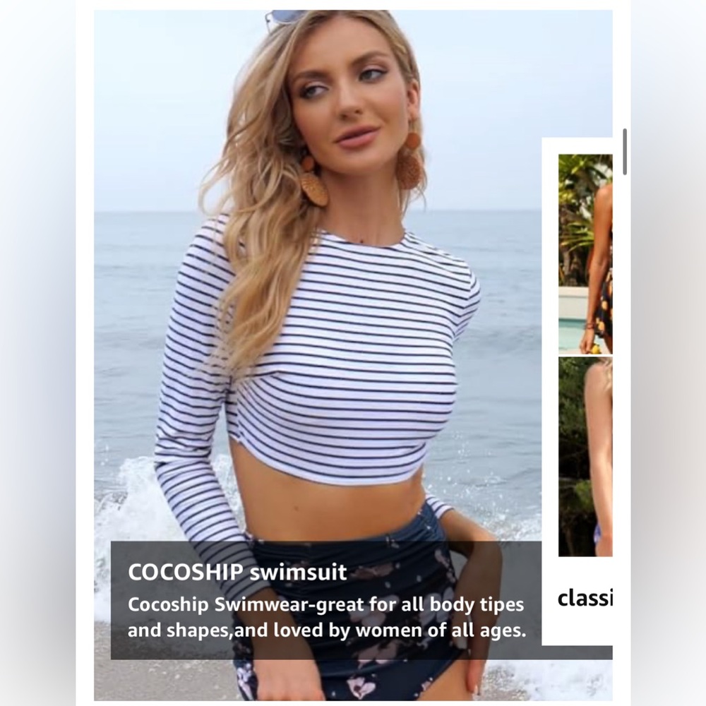 COCOSHIP White and BLACK Striped Long-Sleeve Crop Swim Top AND BOTTOMS